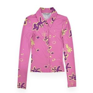 NWOT Open YY Pink Yellow Floral Lightweight Button Up Jersey Shirt Top sz 1